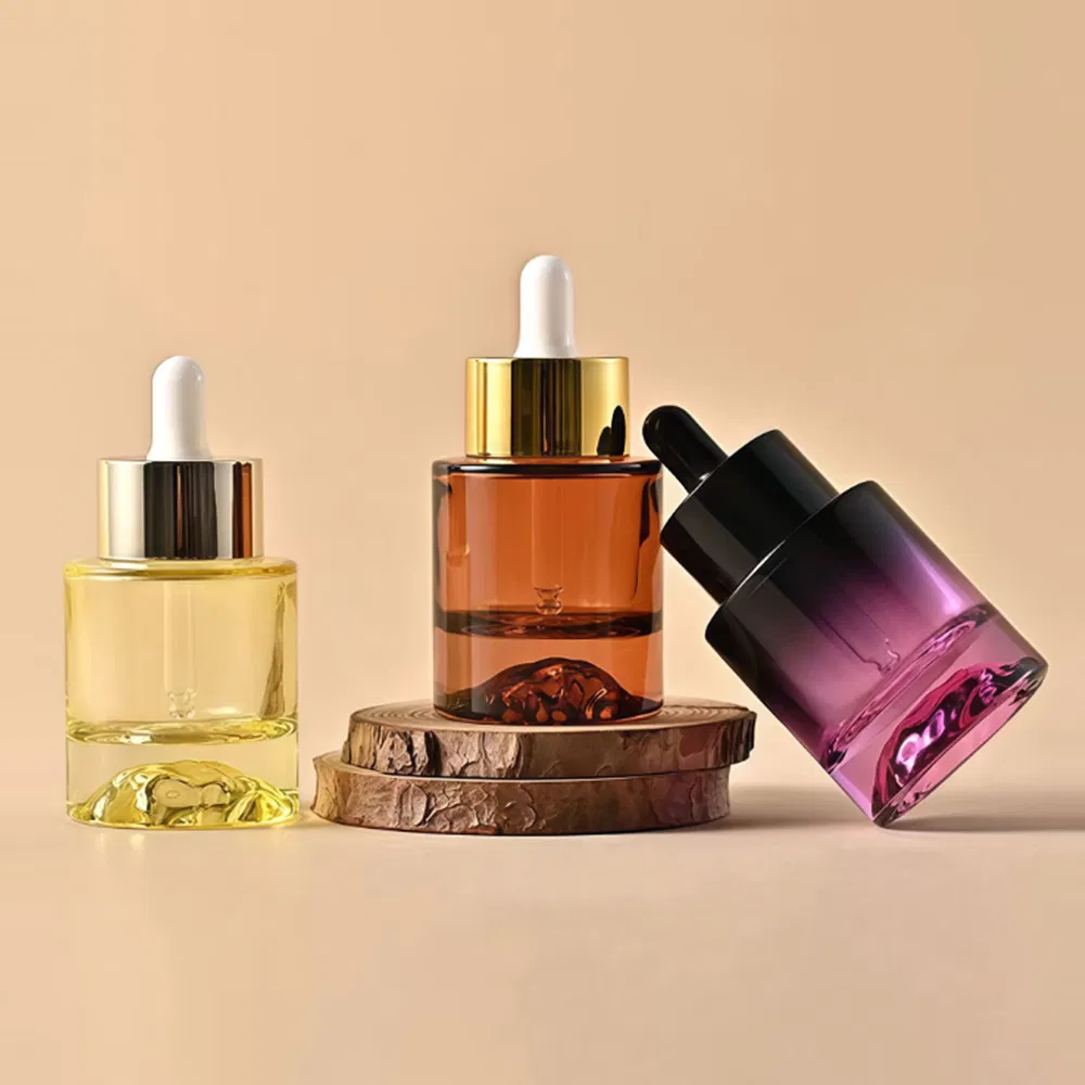 30ml Straight Round Volcanic Glass Serum Dropper Bottles Flat Shoulder Thick Base Empty Containers