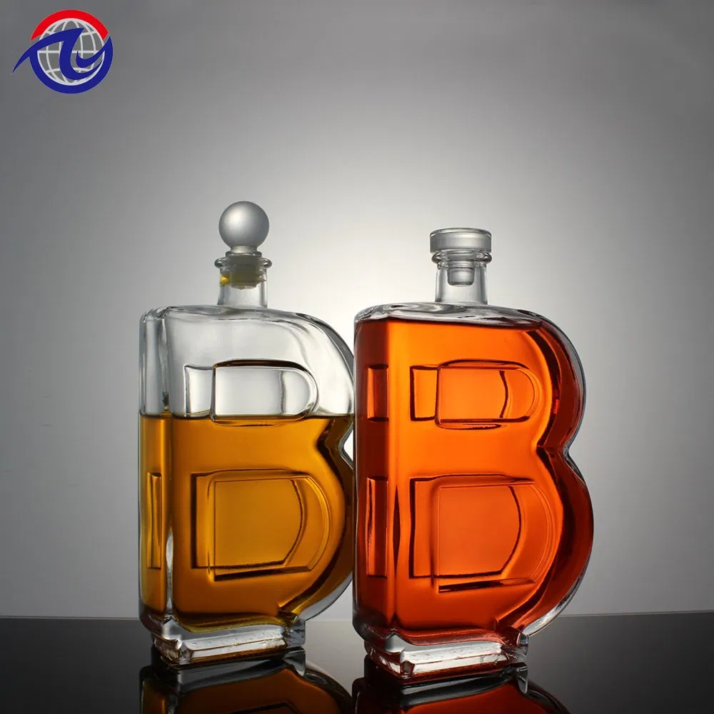 Custom Premium Letter B Shaped Empty Brandy Bottle Unique Super Flint Borosilicate Alcohol Tequila Whisky 750ml 1000ml Vodka Spirit Glass Liquor Bottle for Gift