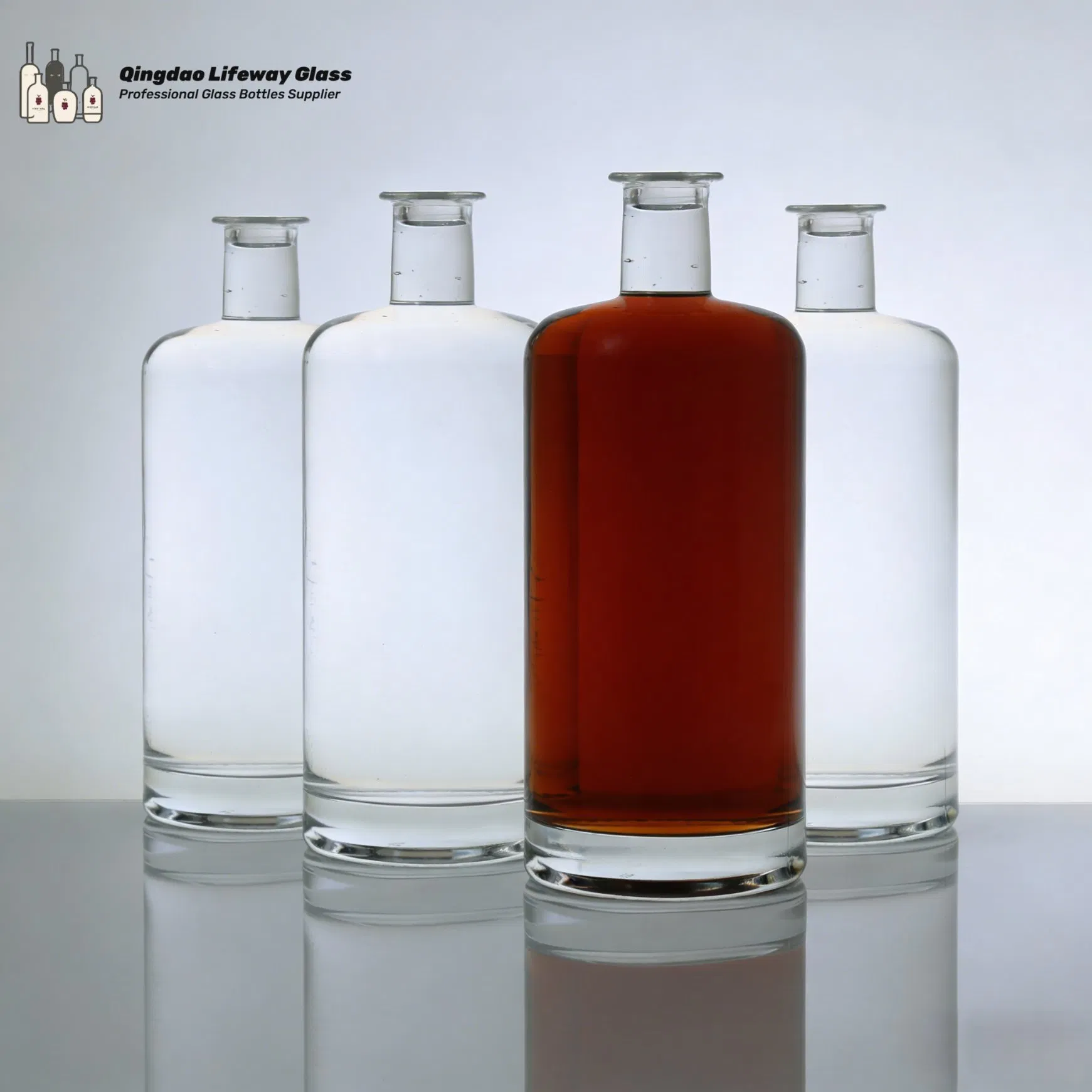 500ml 700ml 750ml Custom Logo Round Short Neck Clear Rum Tequila Gin Brandy Whiskey Vodka Liquor Spirits Glass Bottle with Cork