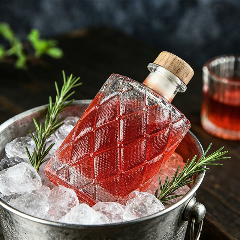 Factory Wholesale Clear Embossed Glass Craft Spirits Bottles with Wood Cork Stopper