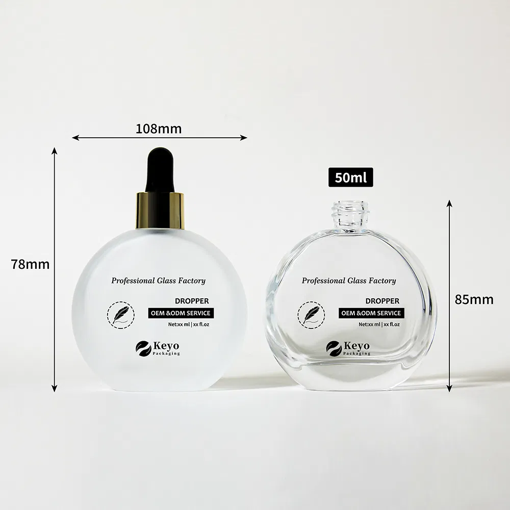 Custom Luxury 50ml Oblate Flat Shape Serum Essential Hair Oil Glass Dropper Bottle with Thick Bottom
