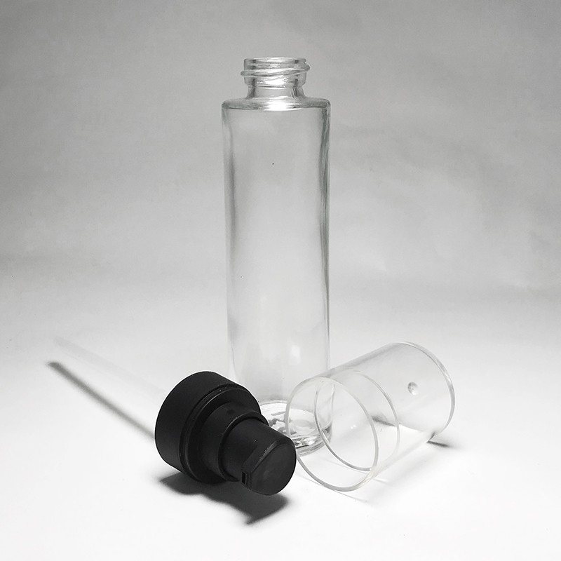 45ml Cylinder Tall Glass Bottle 20/400 Neck Black Lotion Gel Transparent Cap