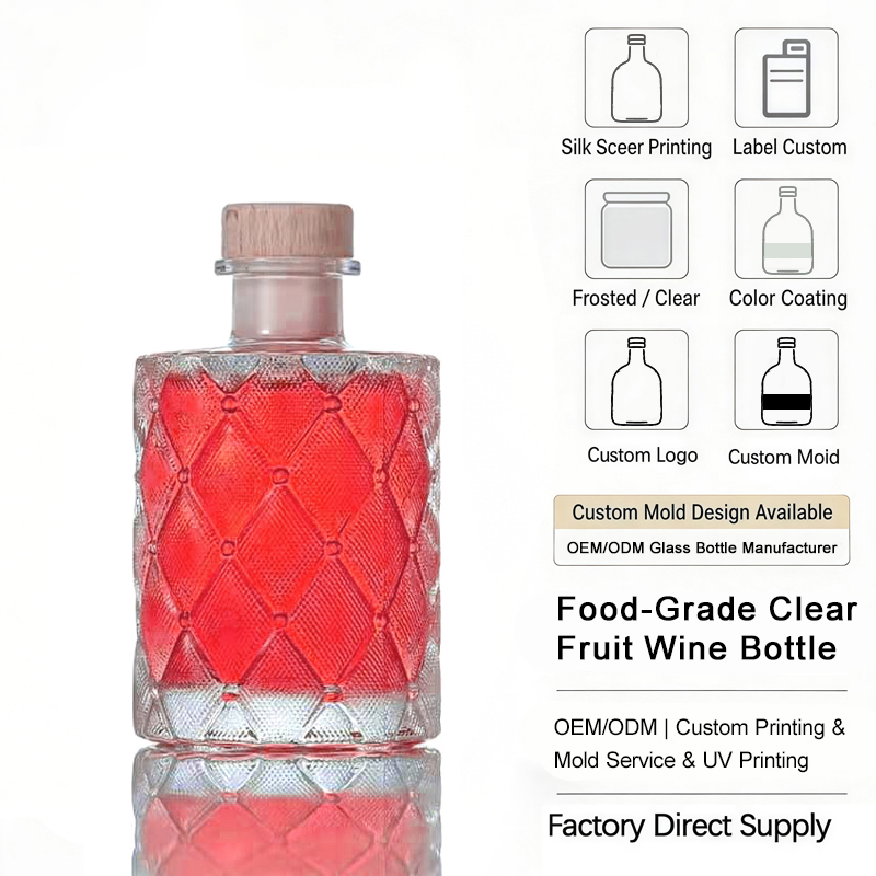 Factory Wholesale Clear Embossed Glass Craft Spirits Bottles with Wood Cork Stopper