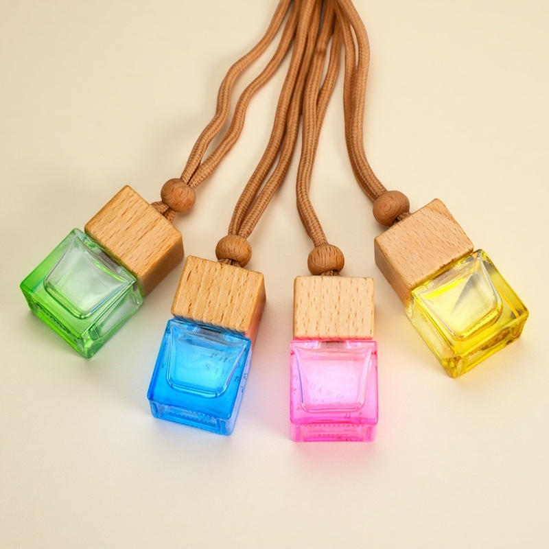 8ml Square Pendant Perfume Bottle Colored Empty Glass Car Air Freshener Portable Aromatherapy Essential Oil Diffuser