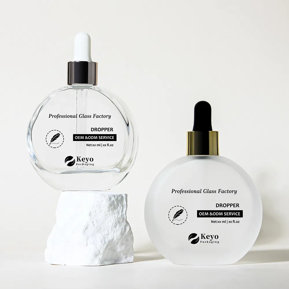 Custom Luxury 50ml Oblate Flat Shape Serum Essential Hair Oil Glass Dropper Bottle with Thick Bottom