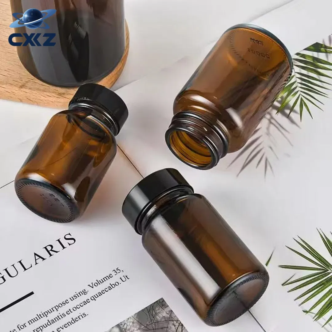 Amber - Colored Capsule - Shaped Empty Glass Pill Bottles, Wide - Mouth Glass Bottles with Lids for Packaging Vitamin Tablets