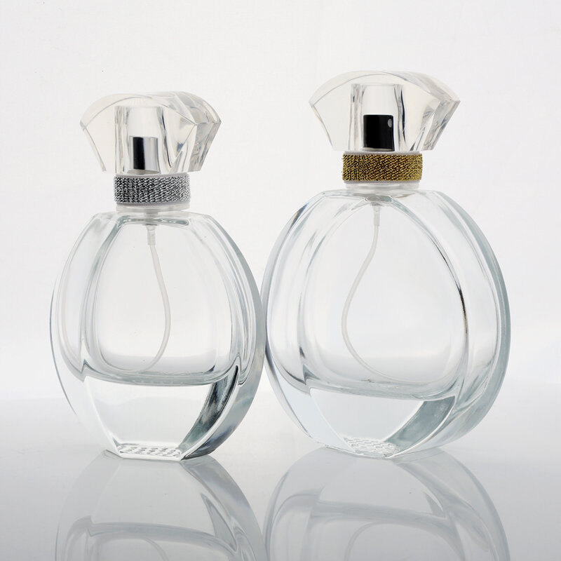 Luxury High Quality Flat Round Fragrance 30ml 50ml Clear Thick Base Perfume Glass Bottle with Lids
