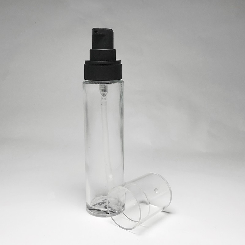 45ml Cylinder Tall Glass Bottle 20/400 Neck Black Lotion Gel Transparent Cap