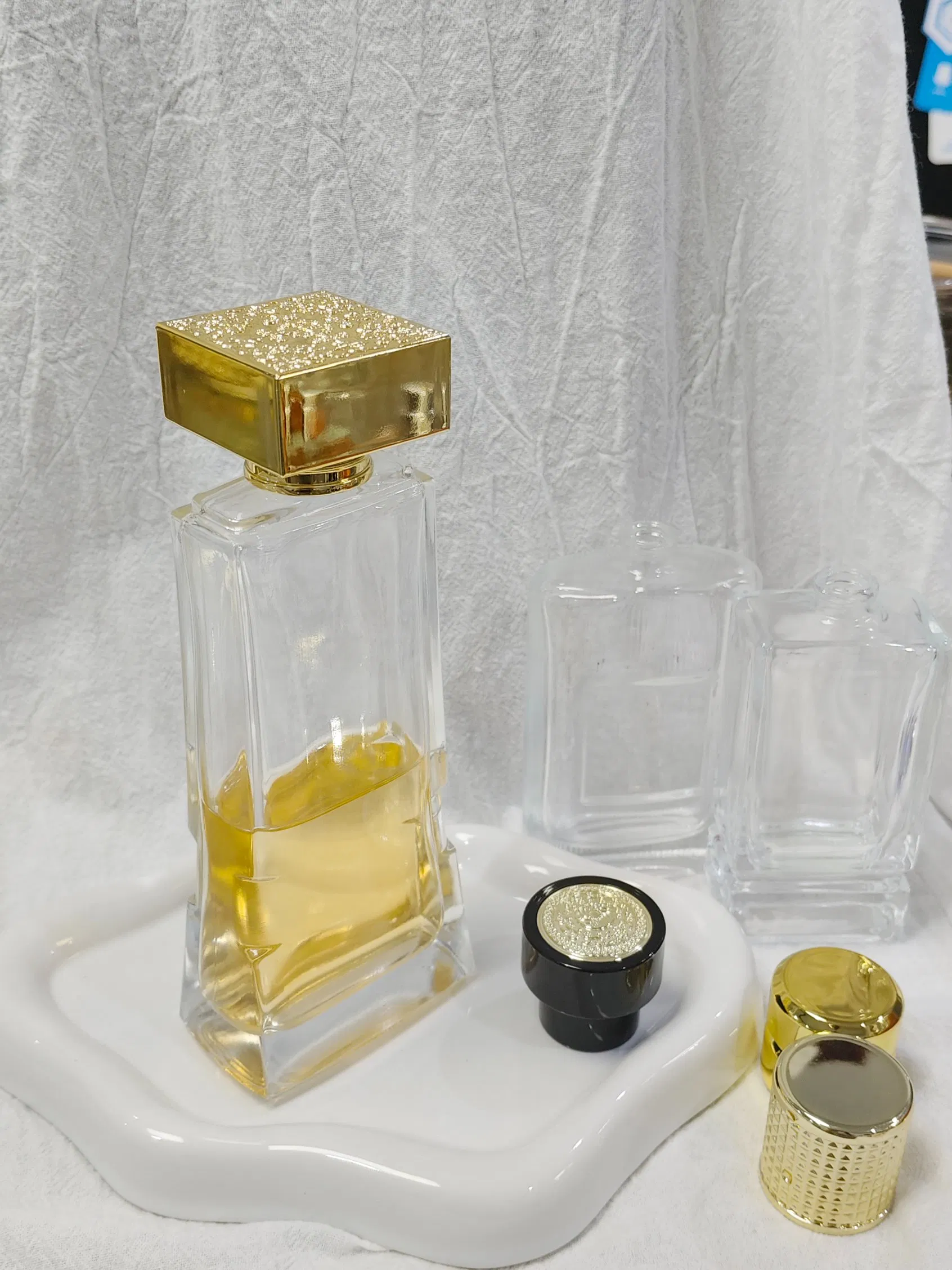 Tall High Quality Pattern Rectangle Glass Perfume Bottle Crimp Neck Cap Pump