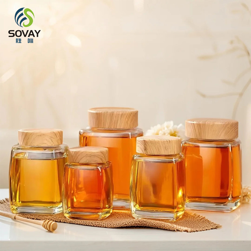 Wholesale Honey Jam Tea Bottle Thick Square Glass Jar Screw Cap Screen Printed Surface Canned Food Chili-Custom Colors Custom