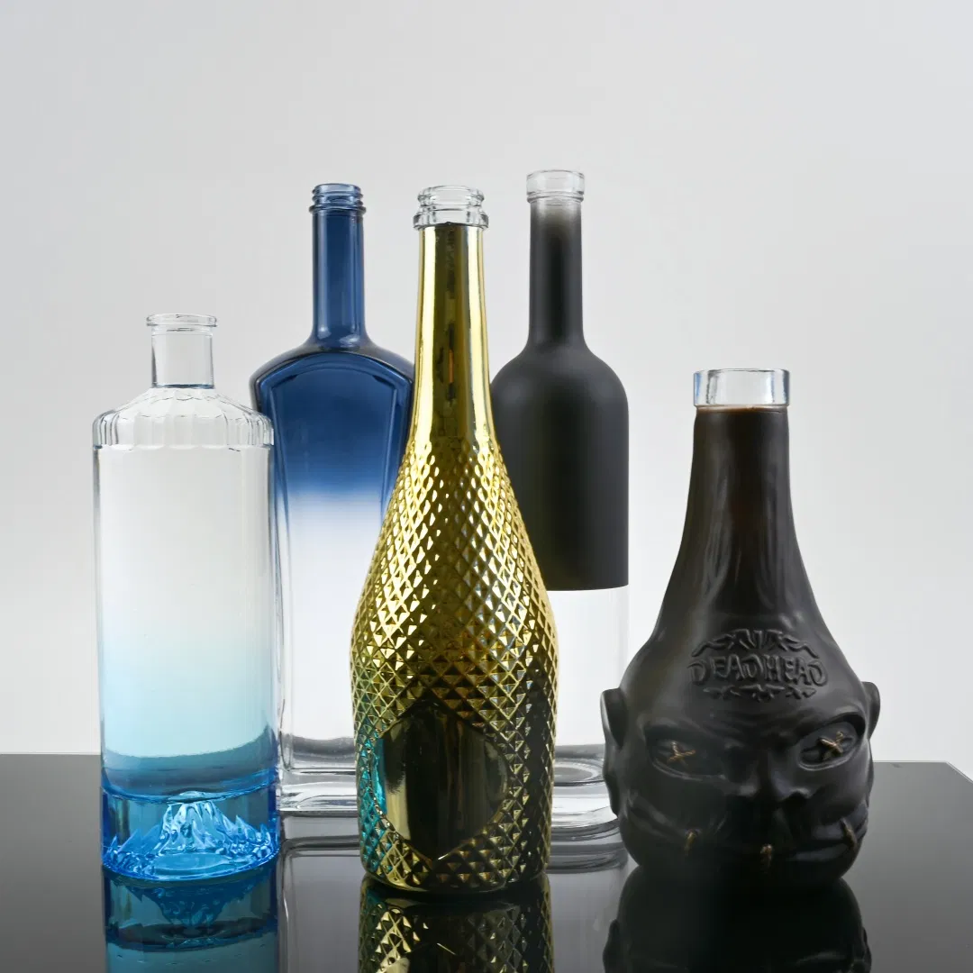 750ml Silk Printed Empty Square Round Glass Liquor Bottle for Gin Agave Whiskey Packaging Brandy Spirits Vodka Tequila Bottle with Painted Color Cone Bottle