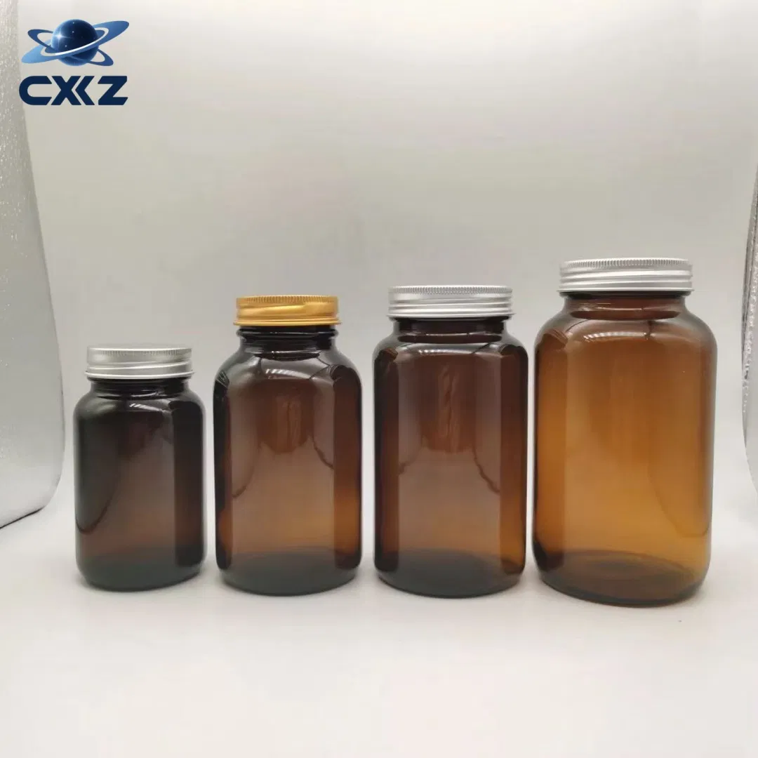 Amber - Colored Capsule - Shaped Empty Glass Pill Bottles, Wide - Mouth Glass Bottles with Lids for Packaging Vitamin Tablets
