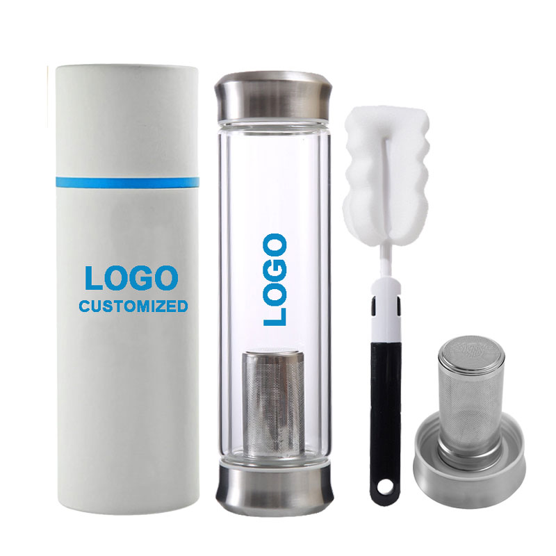 Double Wall Glass Travel Mug with Stainless Steel Filter Leakproof Tea Infuser Bottle for Loose Leaf Infusions and Fruit Infused Water - Unique Gift Set