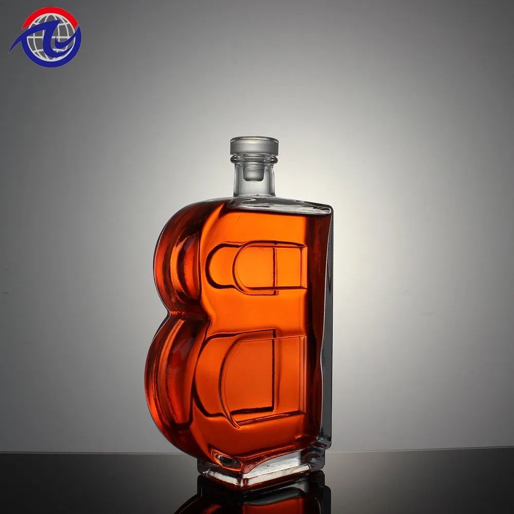 Custom Premium Letter B Shaped Empty Brandy Bottle Unique Super Flint Borosilicate Alcohol Tequila Whisky 750ml 1000ml Vodka Spirit Glass Liquor Bottle for Gift