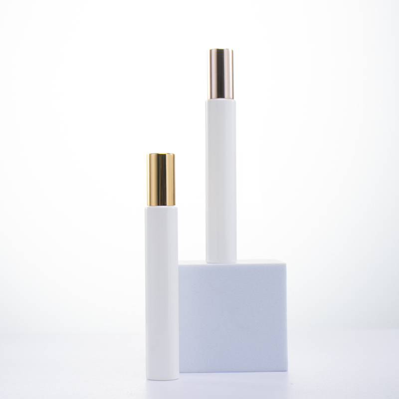 10ml Thick Bottom Portable Refillable Thin Round Perfume Oil Glass Bottle Matte Frosted White Glass Roll on Bottle with Roller Ball Aluminum Gold Lid