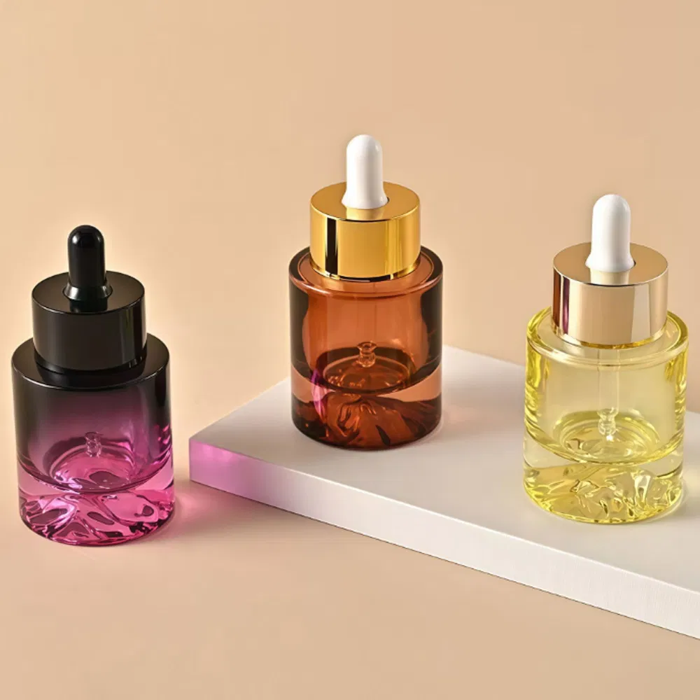 30ml Straight Round Volcanic Glass Serum Dropper Bottles Flat Shoulder Thick Base Empty Containers