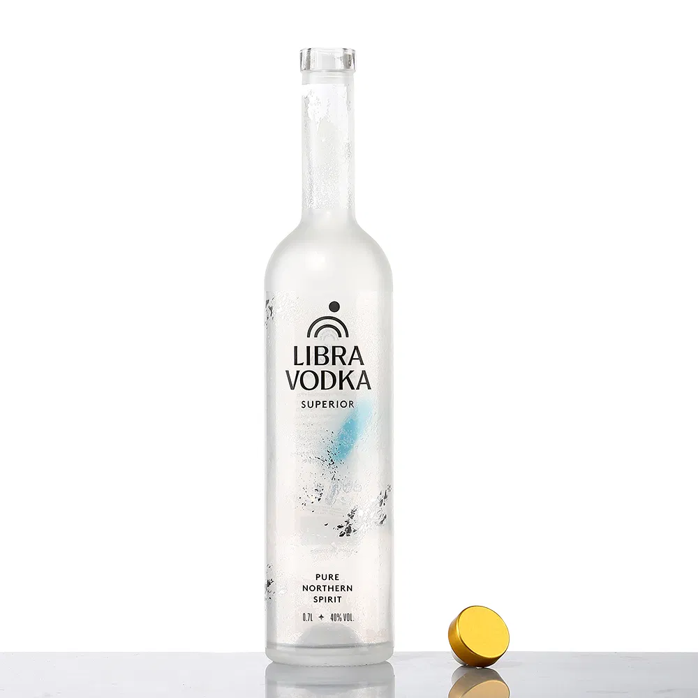 Frosted High Quality Transparent 500ml 750m Thick Base Bespoke Printing Glass Liquor Bottle with Cork Lids