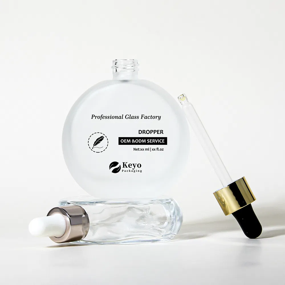 Custom Luxury 50ml Oblate Flat Shape Serum Essential Hair Oil Glass Dropper Bottle with Thick Bottom