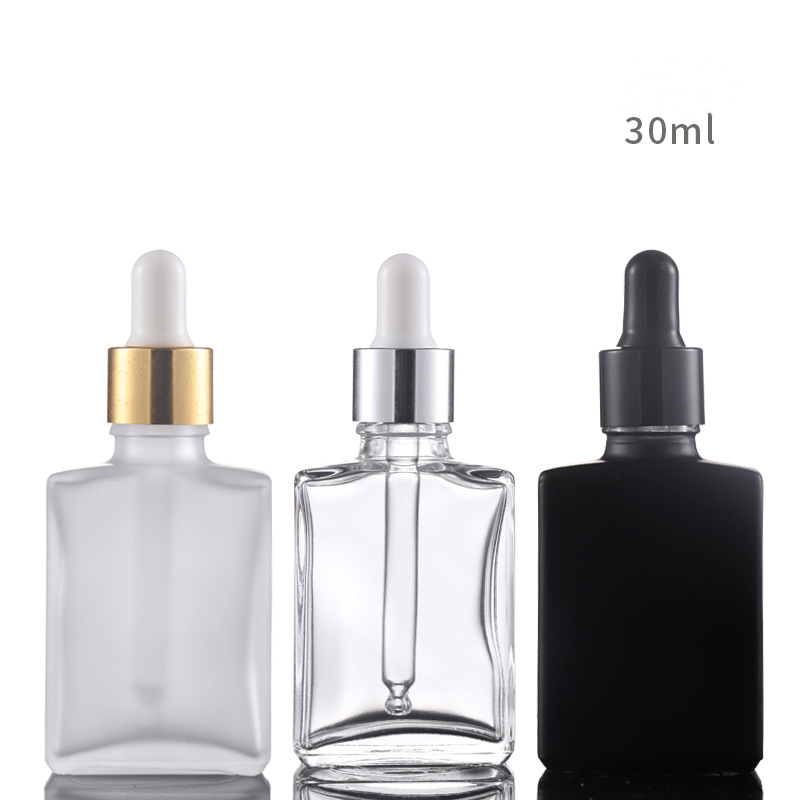 Stock 15ml 30ml 50ml 100ml Matte Black Flat Square Bottle Frosted Black Flat Square Essential Oil Bottle Transparent Frosted Dropper Glass Bottle
