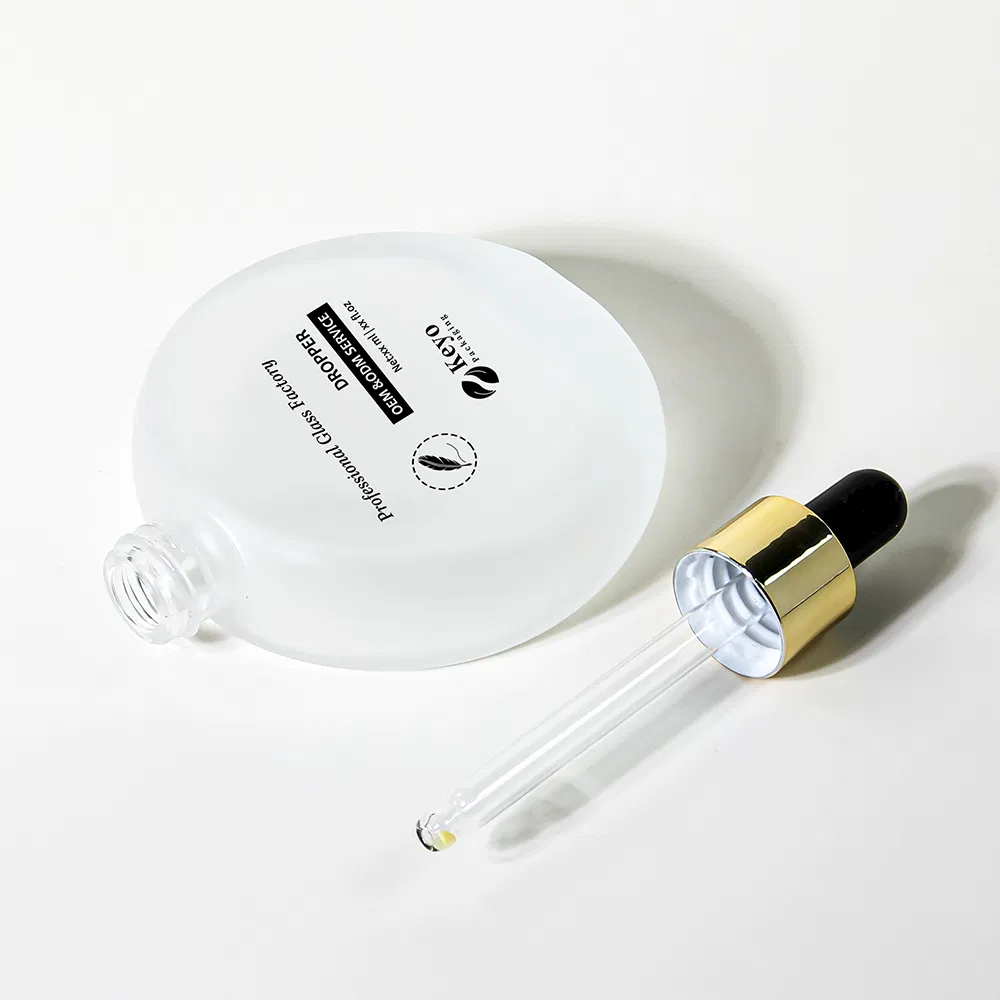 Custom Luxury 50ml Oblate Flat Shape Serum Essential Hair Oil Glass Dropper Bottle with Thick Bottom