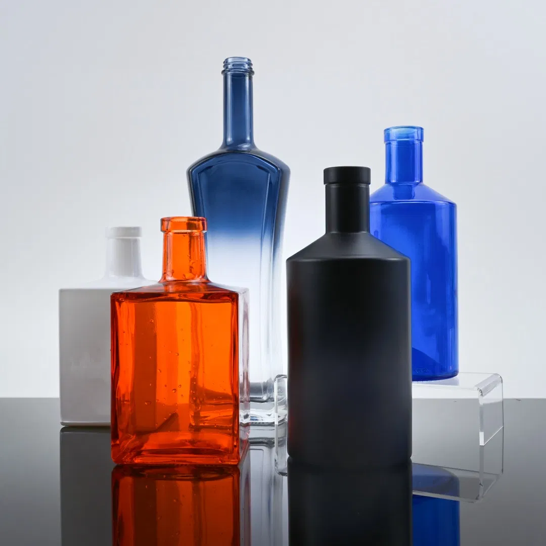 750ml Silk Printed Empty Square Round Glass Liquor Bottle for Gin Agave Whiskey Packaging Brandy Spirits Vodka Tequila Bottle with Painted Color Cone Bottle