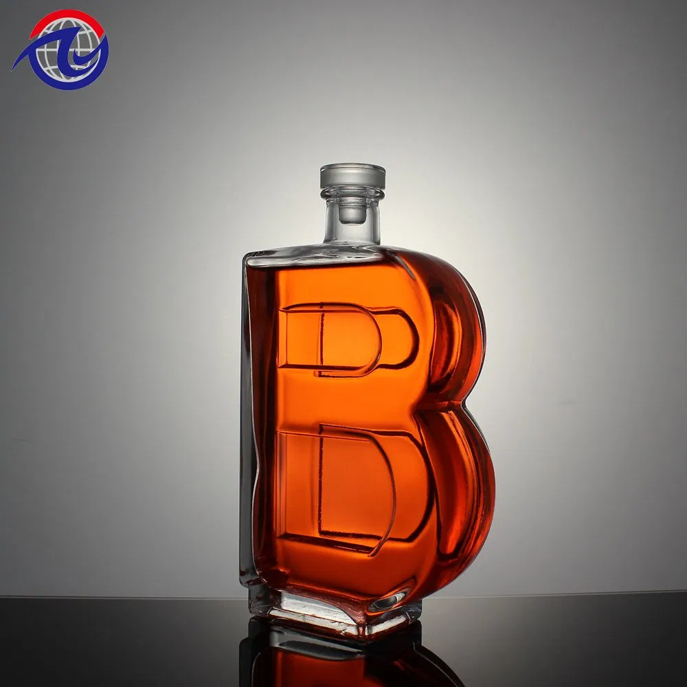 Custom Premium Letter B Shaped Empty Brandy Bottle Unique Super Flint Borosilicate Alcohol Tequila Whisky 750ml 1000ml Vodka Spirit Glass Liquor Bottle for Gift