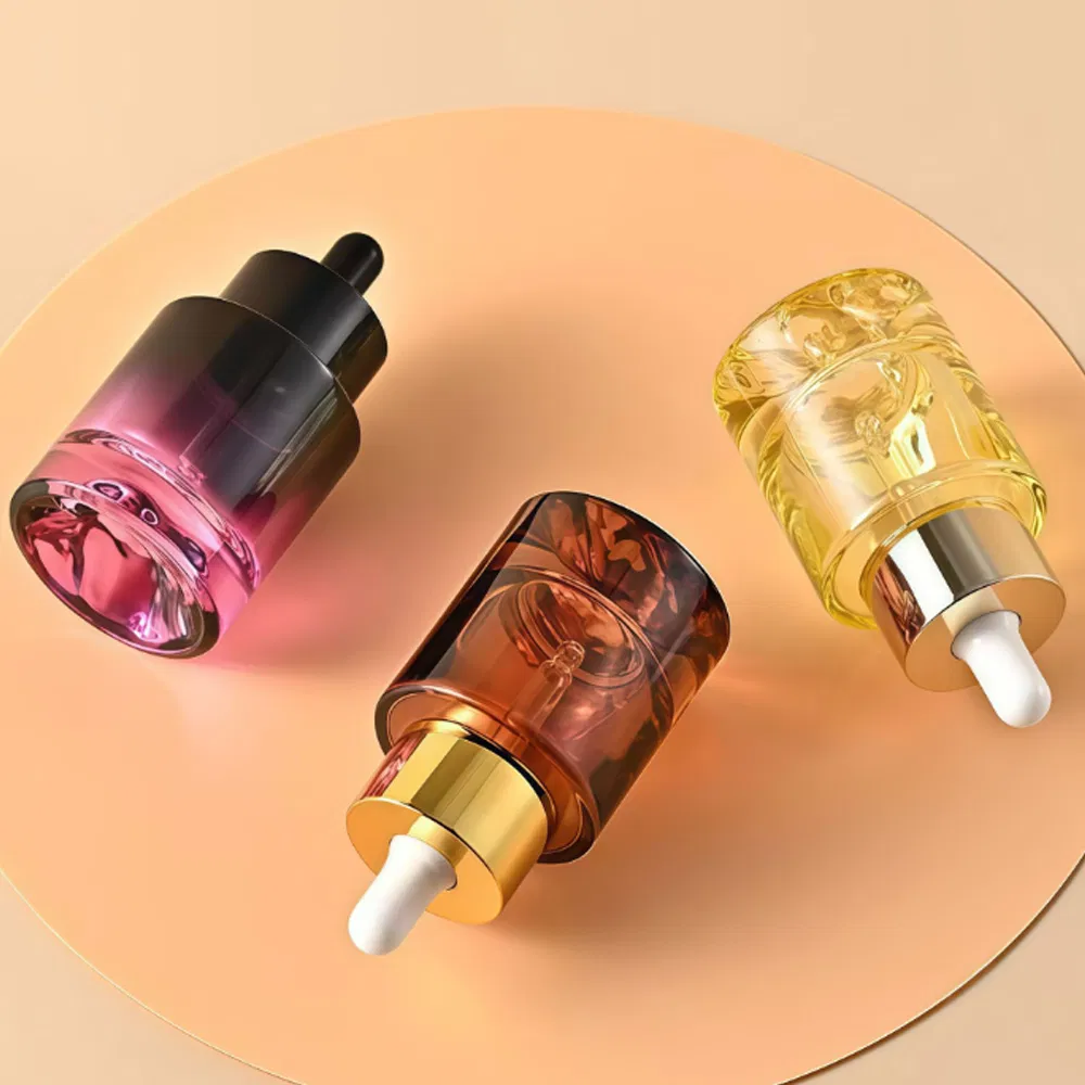 30ml Straight Round Volcanic Glass Serum Dropper Bottles Flat Shoulder Thick Base Empty Containers