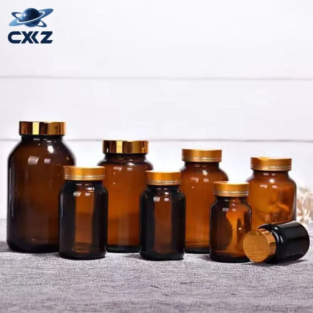 Amber - Colored Capsule - Shaped Empty Glass Pill Bottles, Wide - Mouth Glass Bottles with Lids for Packaging Vitamin Tablets