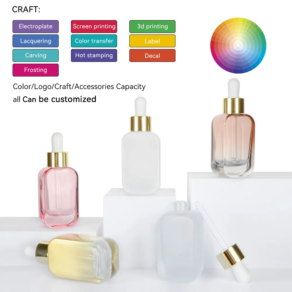 Custom Logo 30ml/50ml Square Glass Dropper Bottle Frost Finish Screw Cap Skin Care Face Serum Bottle