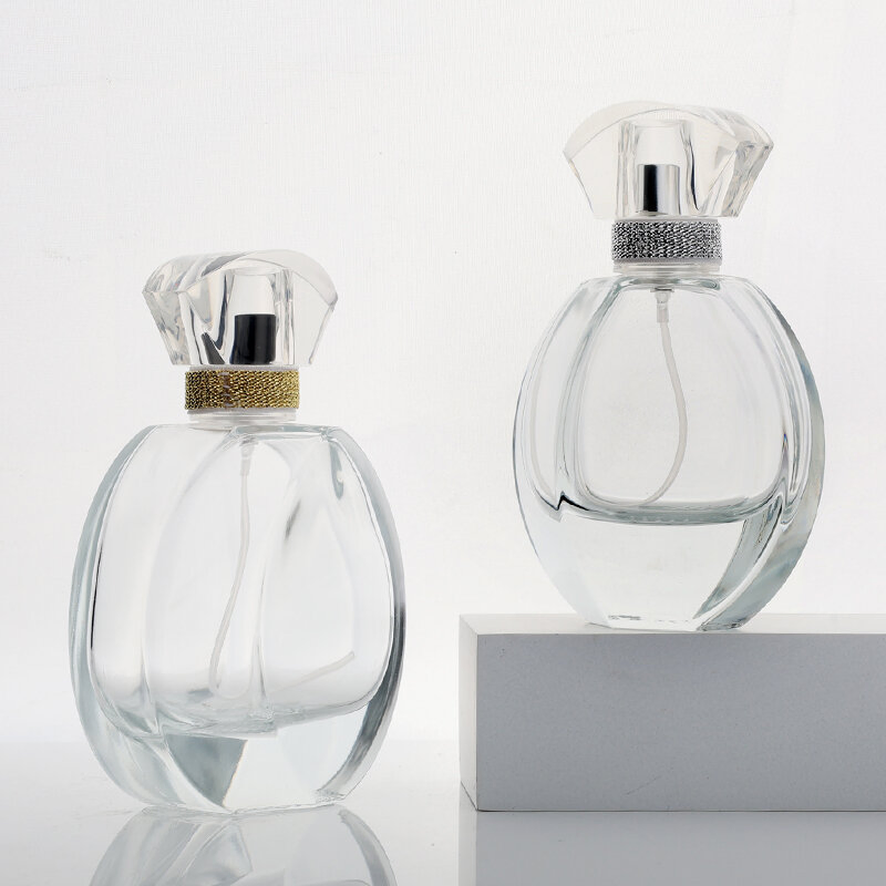 Luxury High Quality Flat Round Fragrance 30ml 50ml Clear Thick Base Perfume Glass Bottle with Lids