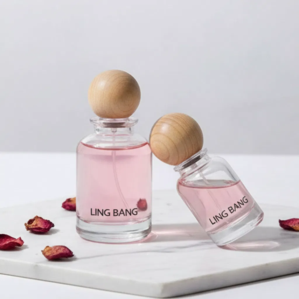 Wholesale 30ml 50ml 100ml Clear Round Fragrance Glass Perfume Bottle with Plastic Wooden Lids