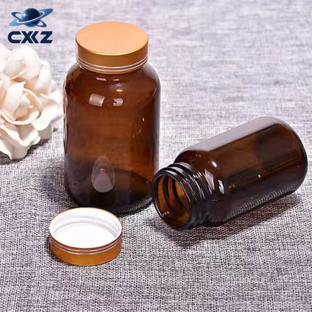 Amber - Colored Capsule - Shaped Empty Glass Pill Bottles, Wide - Mouth Glass Bottles with Lids for Packaging Vitamin Tablets