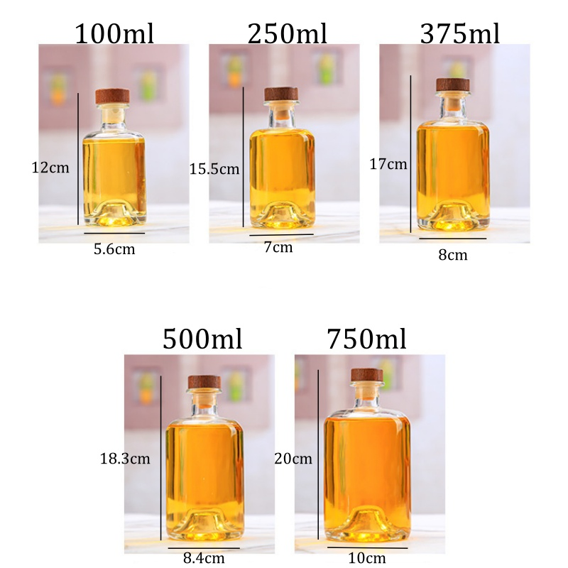 Best Selling Clear Round 100ml 250ml 375ml 500ml 750ml 1000ml Wine Vodka Glass Liquor Bottle for Gin Whiskey Spirit with Cork