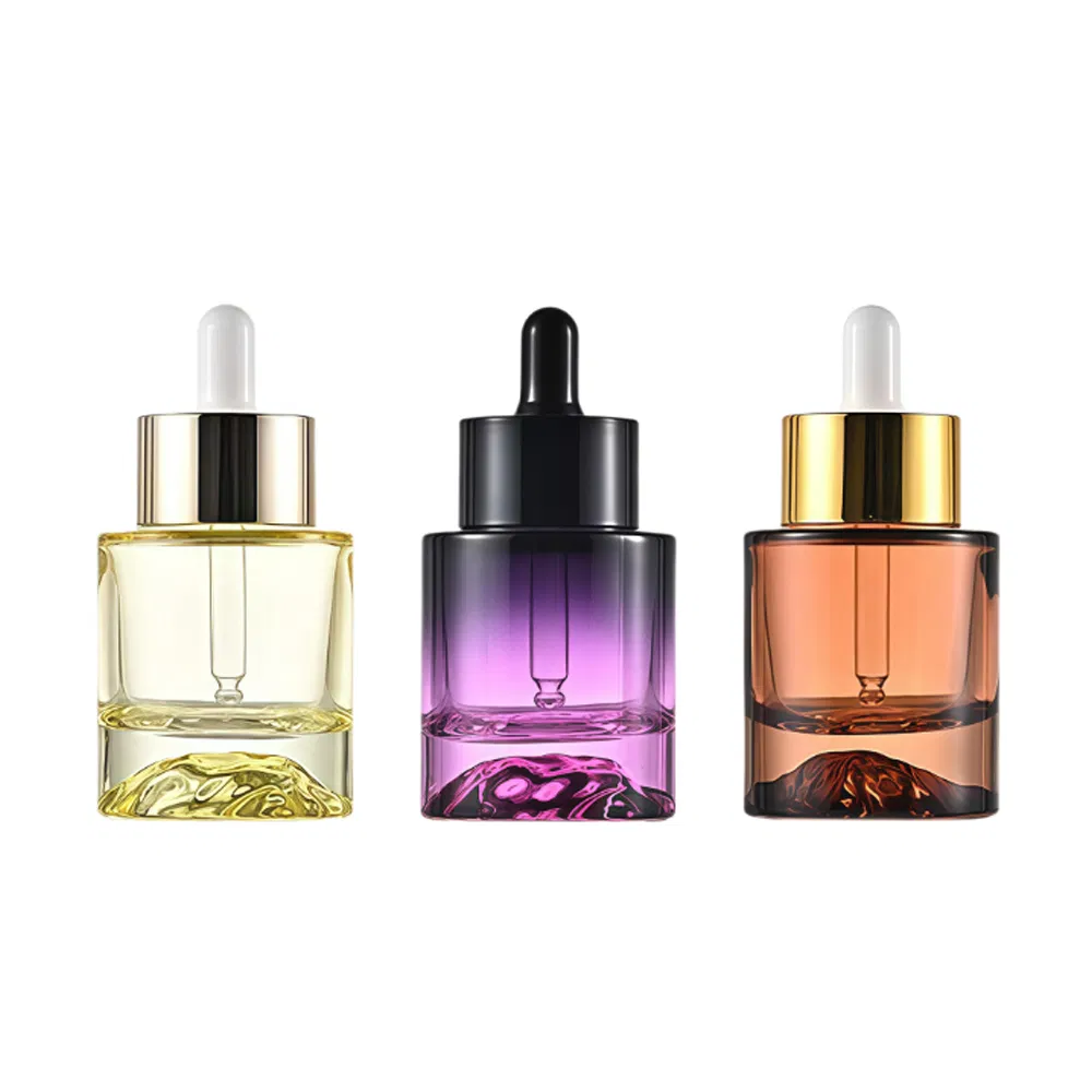 30ml Straight Round Volcanic Glass Serum Dropper Bottles Flat Shoulder Thick Base Empty Containers