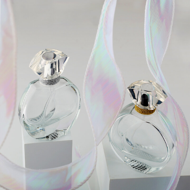 Luxury High Quality Flat Round Fragrance 30ml 50ml Clear Thick Base Perfume Glass Bottle with Lids