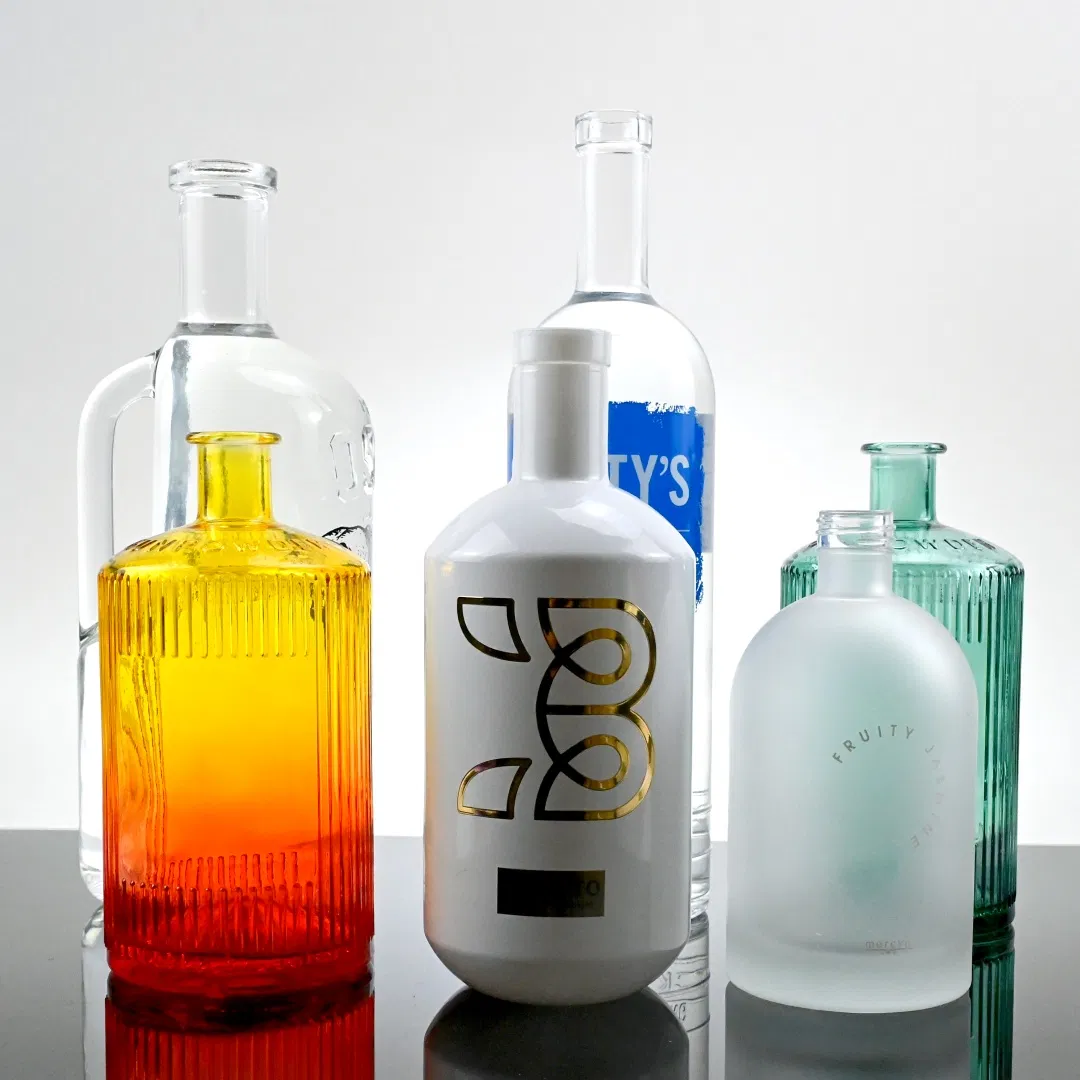 750ml Silk Printed Empty Square Round Glass Liquor Bottle for Gin Agave Whiskey Packaging Brandy Spirits Vodka Tequila Bottle with Painted Color Cone Bottle