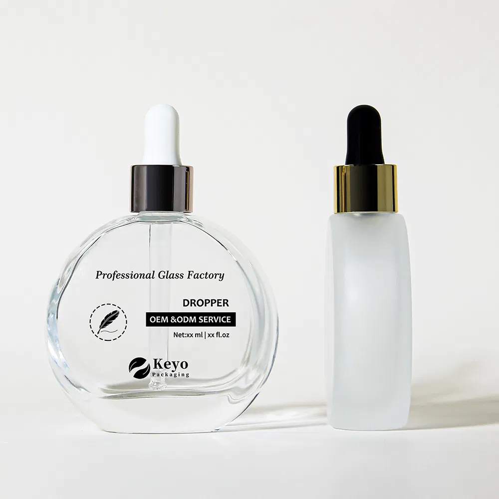 Custom Luxury 50ml Oblate Flat Shape Serum Essential Hair Oil Glass Dropper Bottle with Thick Bottom