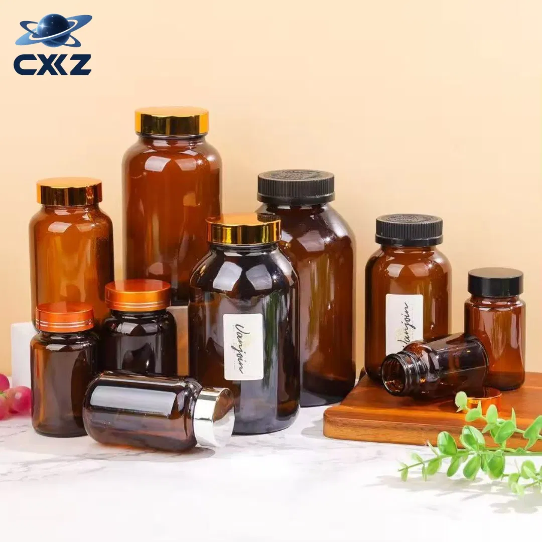 Amber - Colored Capsule - Shaped Empty Glass Pill Bottles, Wide - Mouth Glass Bottles with Lids for Packaging Vitamin Tablets