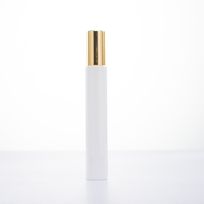 10ml Thick Bottom Portable Refillable Thin Round Perfume Oil Glass Bottle Matte Frosted White Glass Roll on Bottle with Roller Ball Aluminum Gold Lid