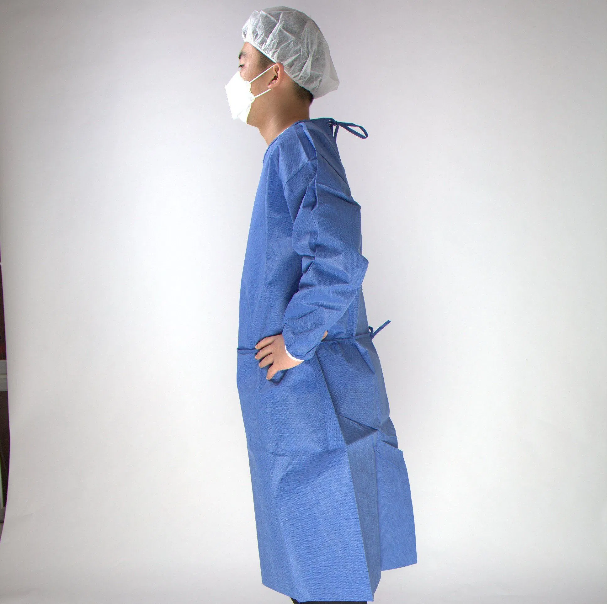 Sell Well Dust-Proof Surgical Gown 40GSM Blue Disposable SMS Non-Woven Isolation Gown