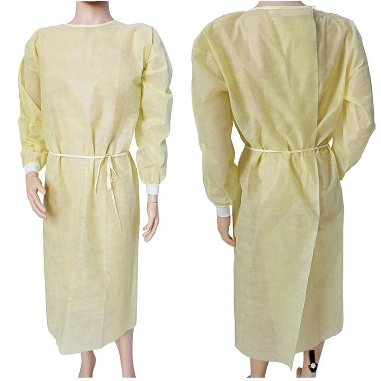 Medical Disposable Yellow Isolation Gown SMS PP Non Woven 20GSM 21GSM 23GSM Isolation Gown with Elastic Cuffs