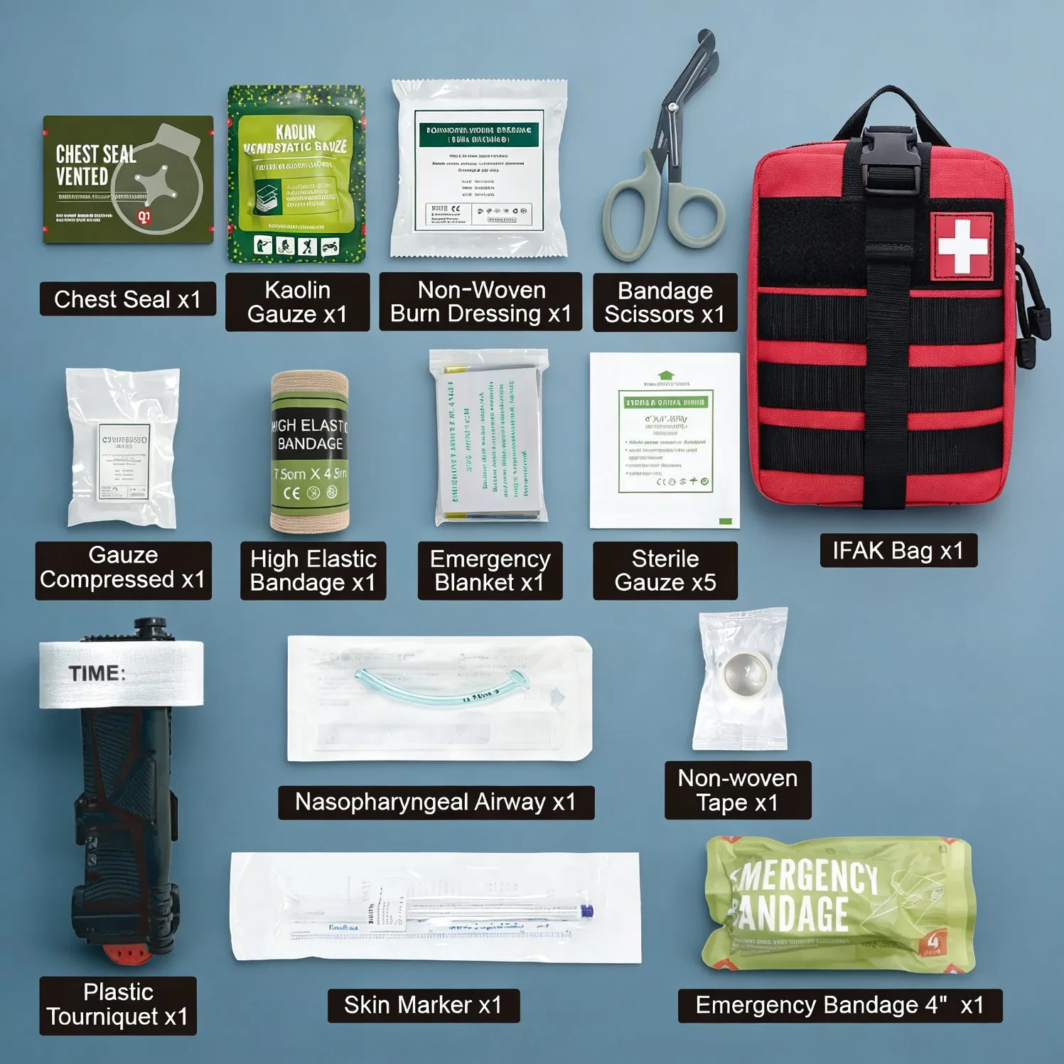 Sterile Ifak First Aid Kit with Tourniquet Kaolin Hemostatic Gauze for Wound Care