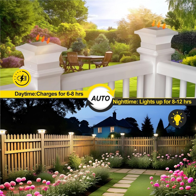 Solar Post Warm Weatherproof Fence White Post Cap Light