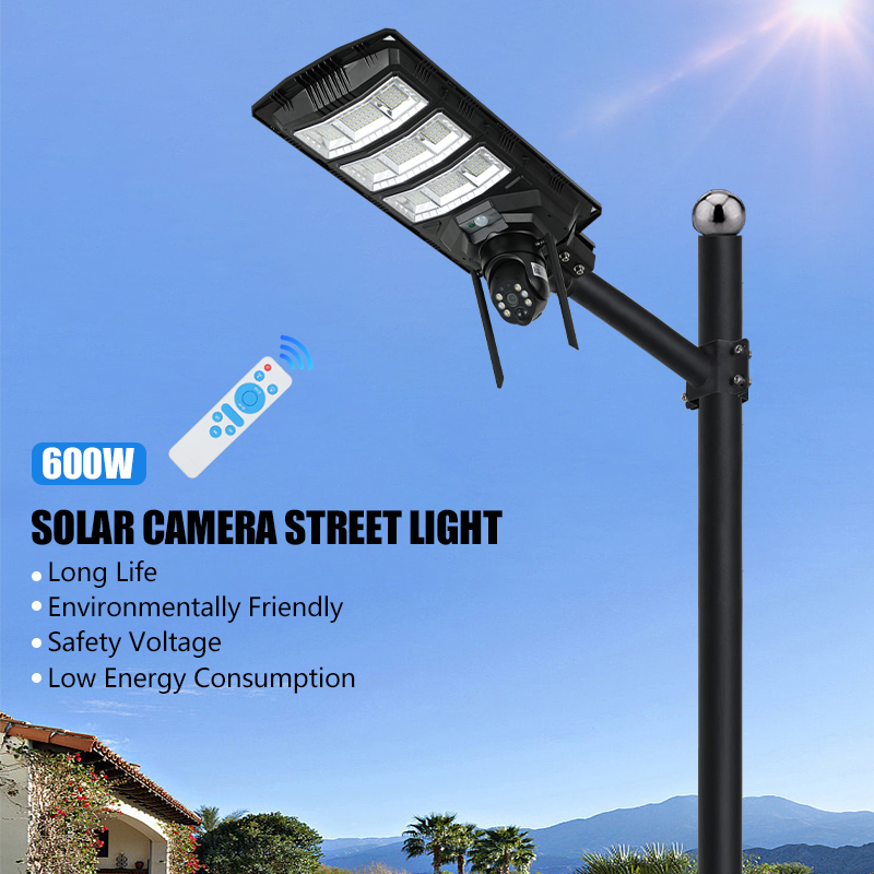 Dual Lens Solar Street Light Outdoor LED Solar Street Flood Light with Outdoor 360 Degree Security CCTV Camera Outdoor 4G/WiFi
