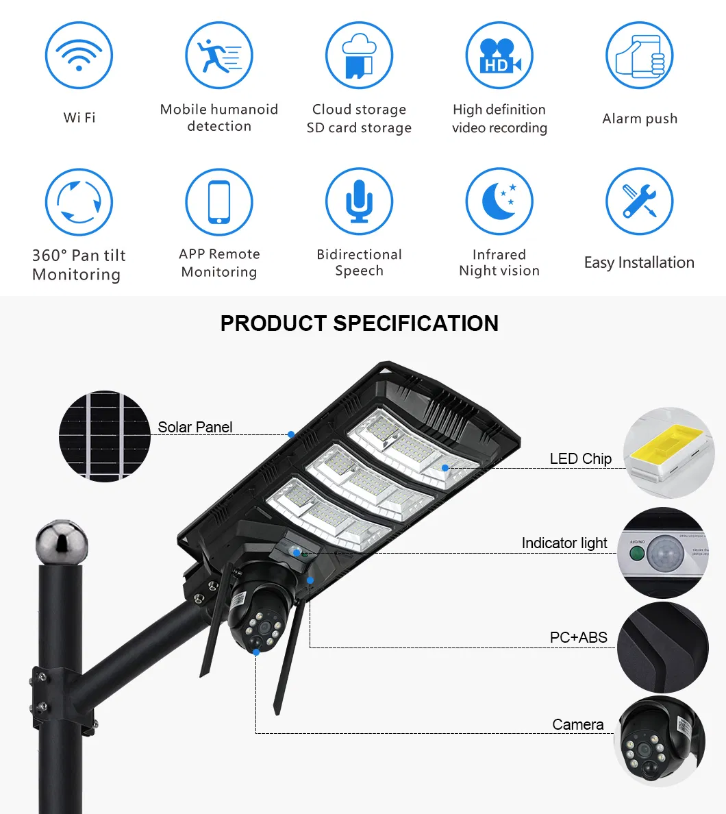 Dual Lens Solar Street Light Outdoor LED Solar Street Flood Light with Outdoor 360 Degree Security CCTV Camera Outdoor 4G/WiFi