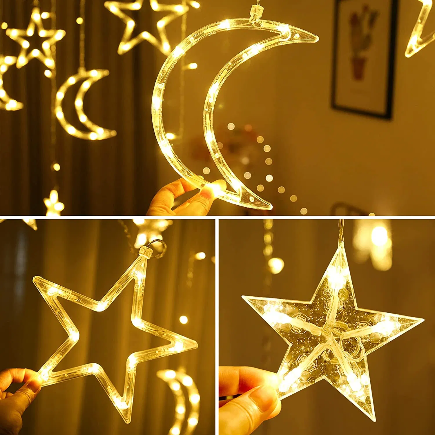 Wholesales Fairy Light Plug-in Solar USB Battery Twinkle Moon Star Shape Curtain LED String Lights for Festival Decoration