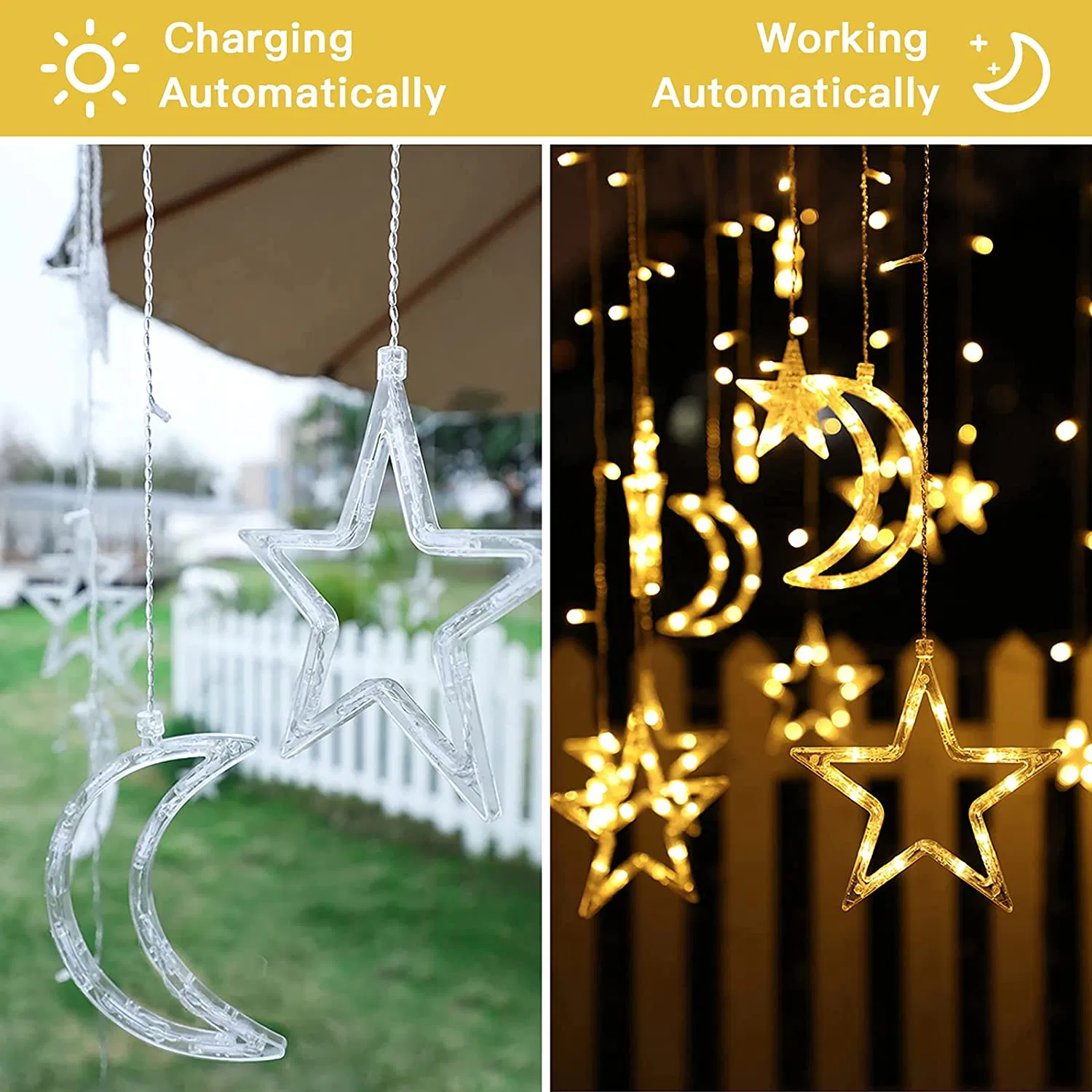 Wholesales Fairy Light Plug-in Solar USB Battery Twinkle Moon Star Shape Curtain LED String Lights for Festival Decoration