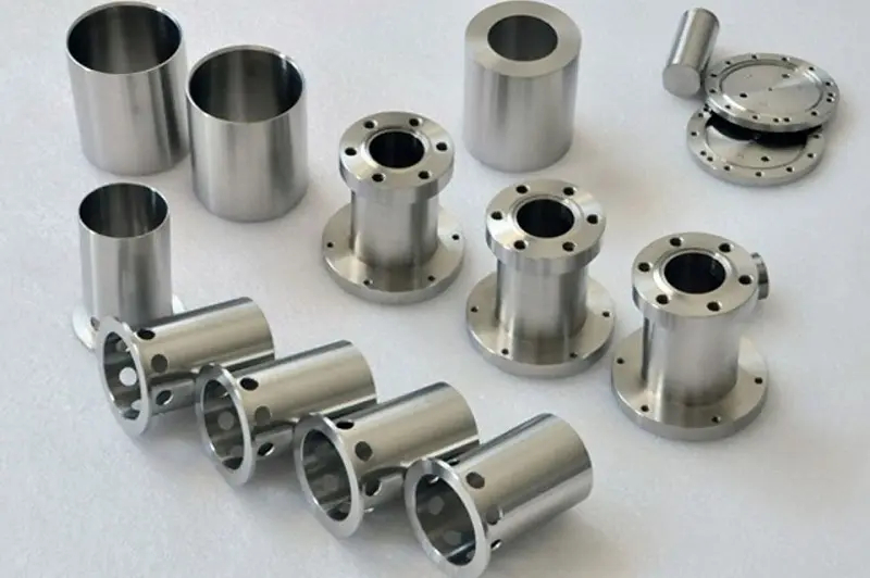 CNC turning process detail, showing smooth surface of metal parts