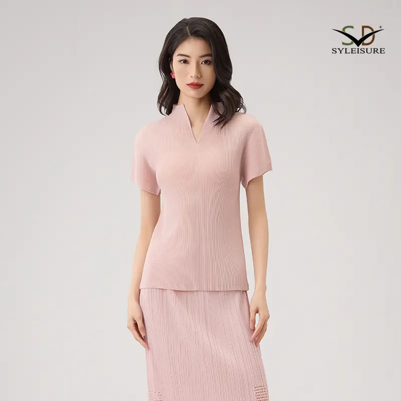 High-Quality Women's Pleated Short - Sleeve V - Neck Top Suppliers, Products
