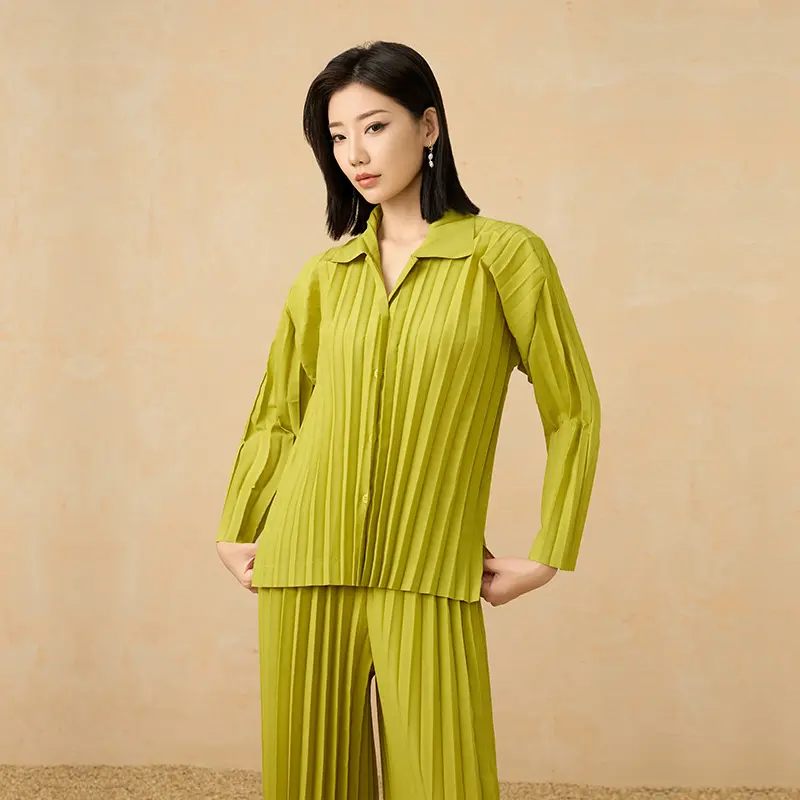 China Women's Pleated Two-Piece Set – Shirt and Wide-Leg Pants Suppliers, Product